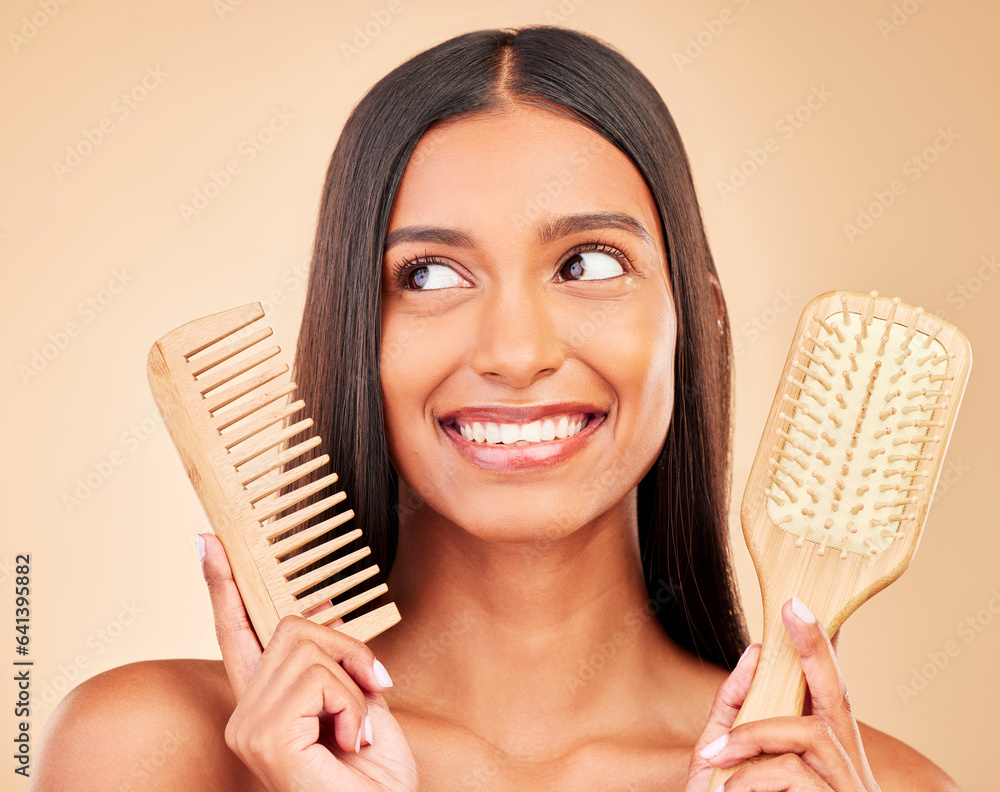 Brush, comb and young woman in a studio for salon, keratin or cosmetic treatment for wellness. Healt