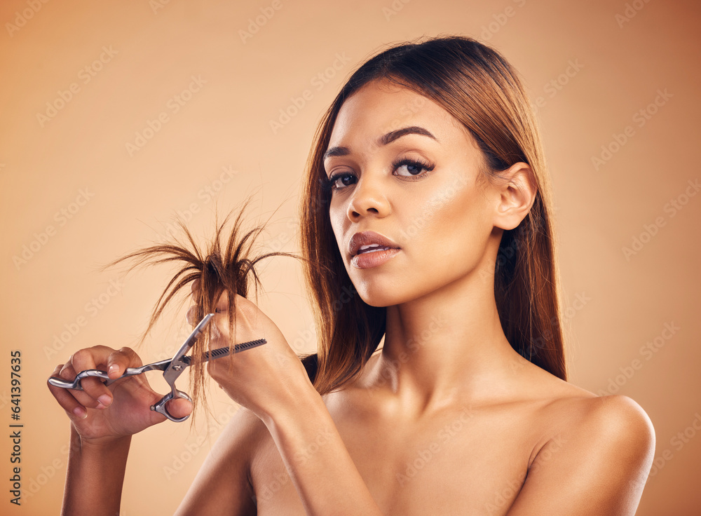 Scissors, portrait and woman cut hair, long healthy locks and doing hairstyle maintenance, self care