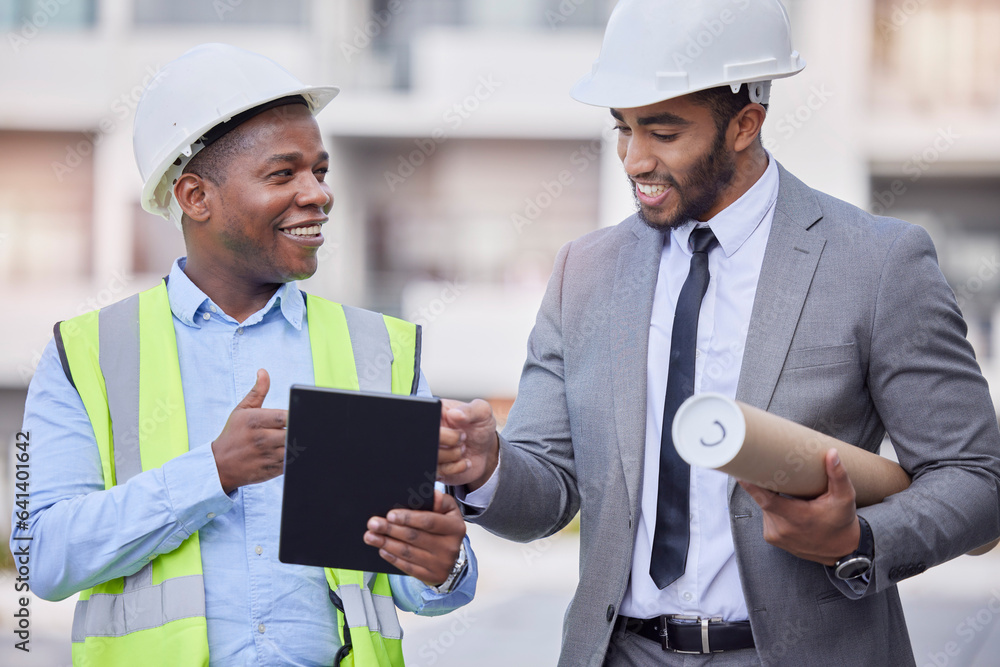 Happy man, architect and tablet in city for team planning, construction or design on rooftop at site