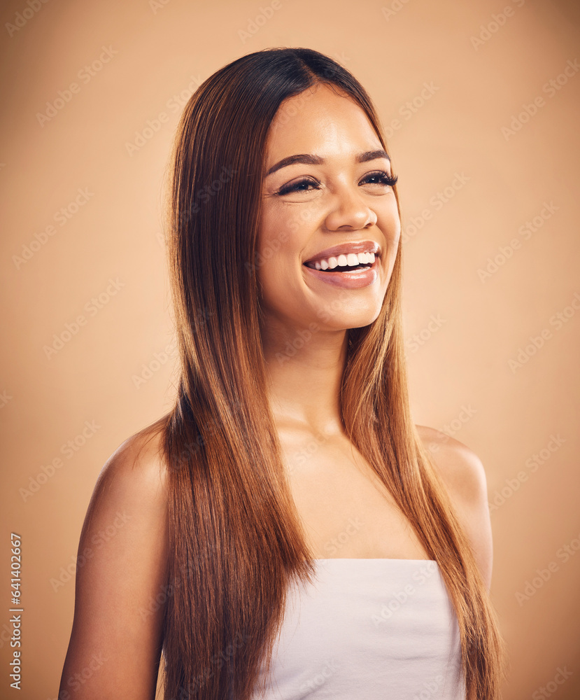 Face, beauty and hair with a natural woman in studio on a brown background for keratin treatment. Vi