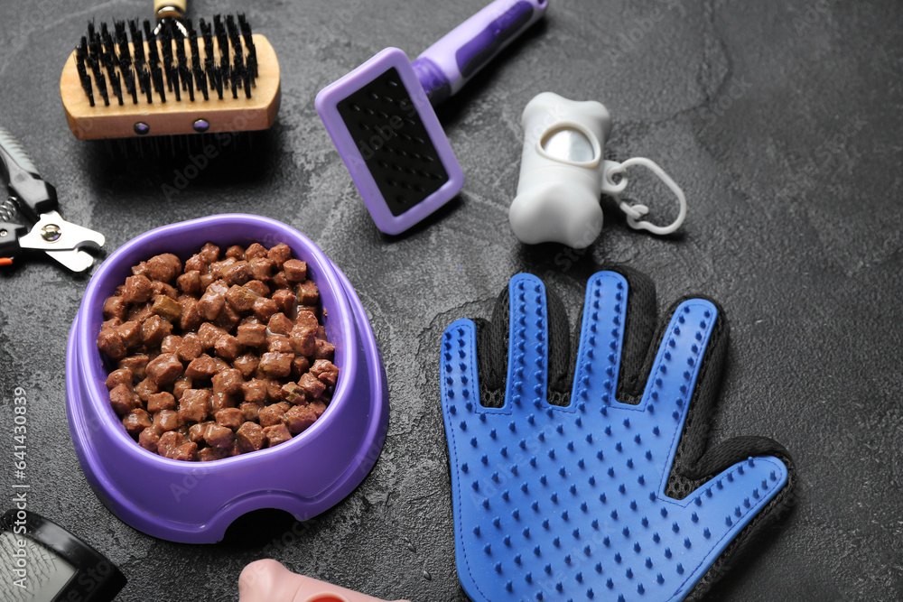 Composition with pet care accessories and wet food on dark background