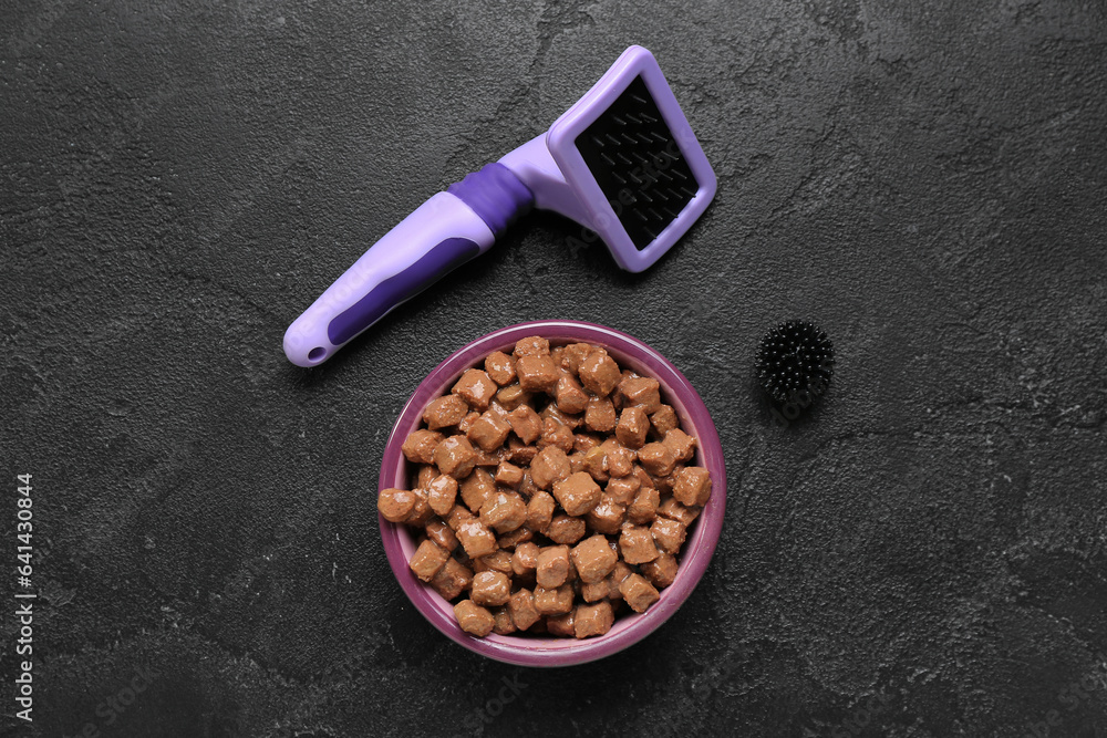 Bowl of wet pet food, grooming brush and toy on dark background