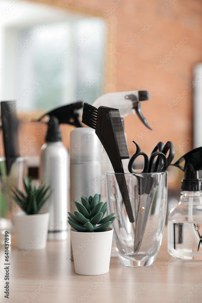 Hairdressing tools with succulents on table in beauty salon