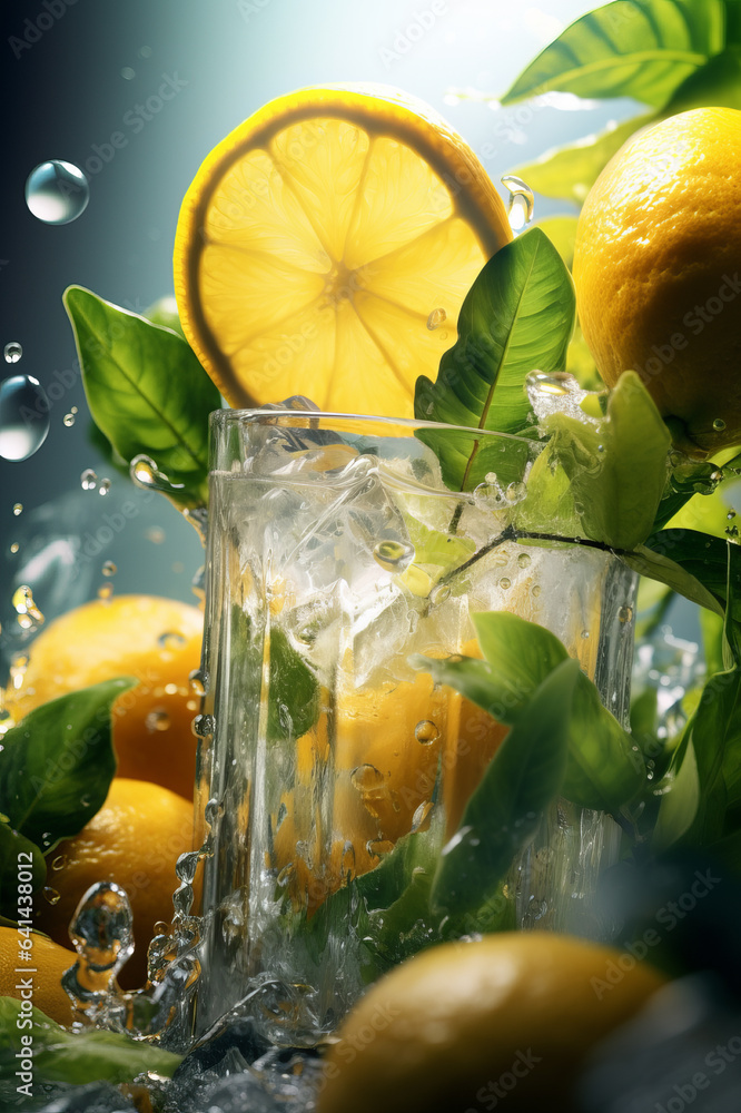 Fresh tropical cocktail with  oranges and ice with tropical trees and plants on a dark mystical back