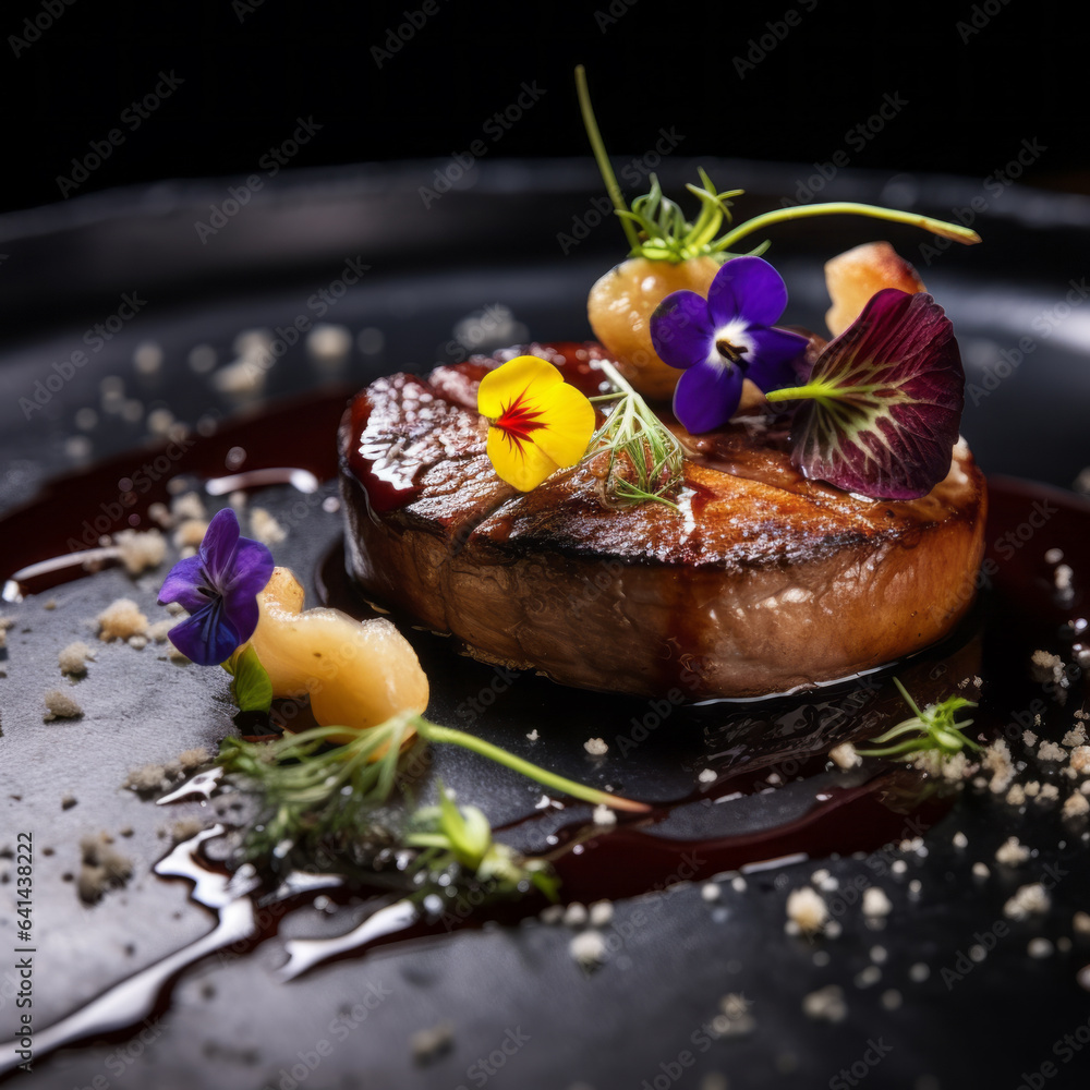 Foie gras, a pate decorated with edible flowers and micro greenery.