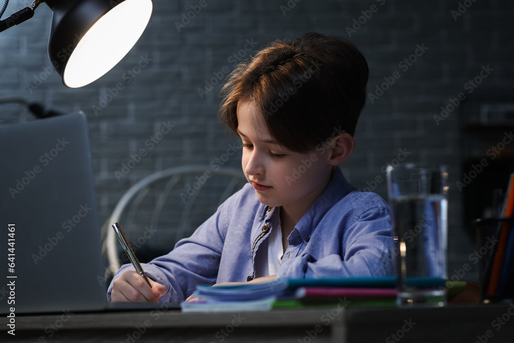 Little boy doing homework with laptop at home late in evening