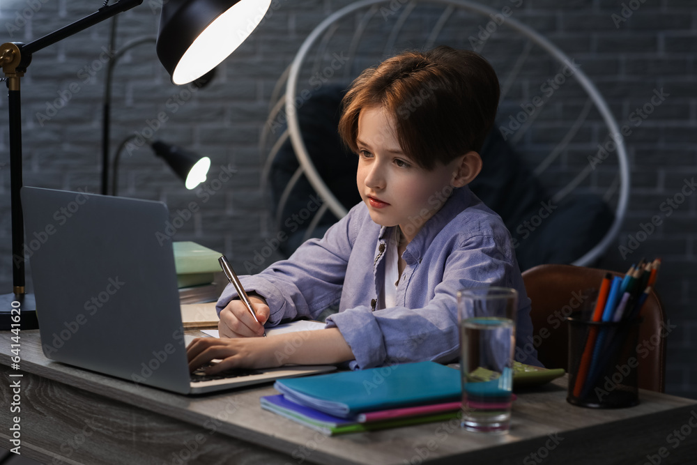 Little boy doing homework with laptop at home late in evening