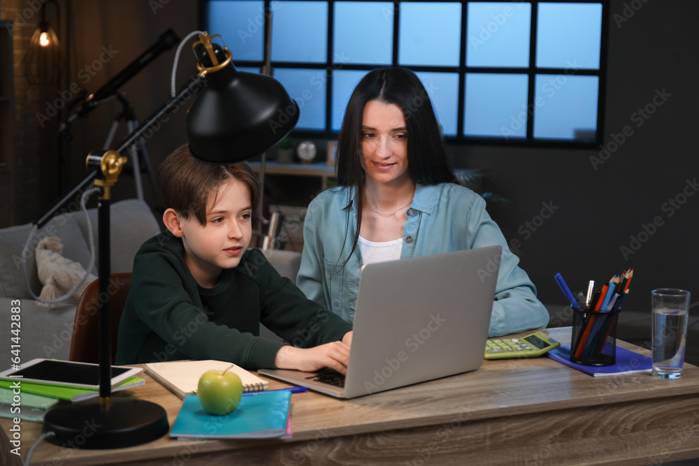 Mother with her little son sitting at table and doing homework late in evening