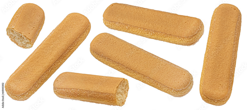 Italian savoiardi biscuits, ladyfinger cookies isolated on white background, full depth of field