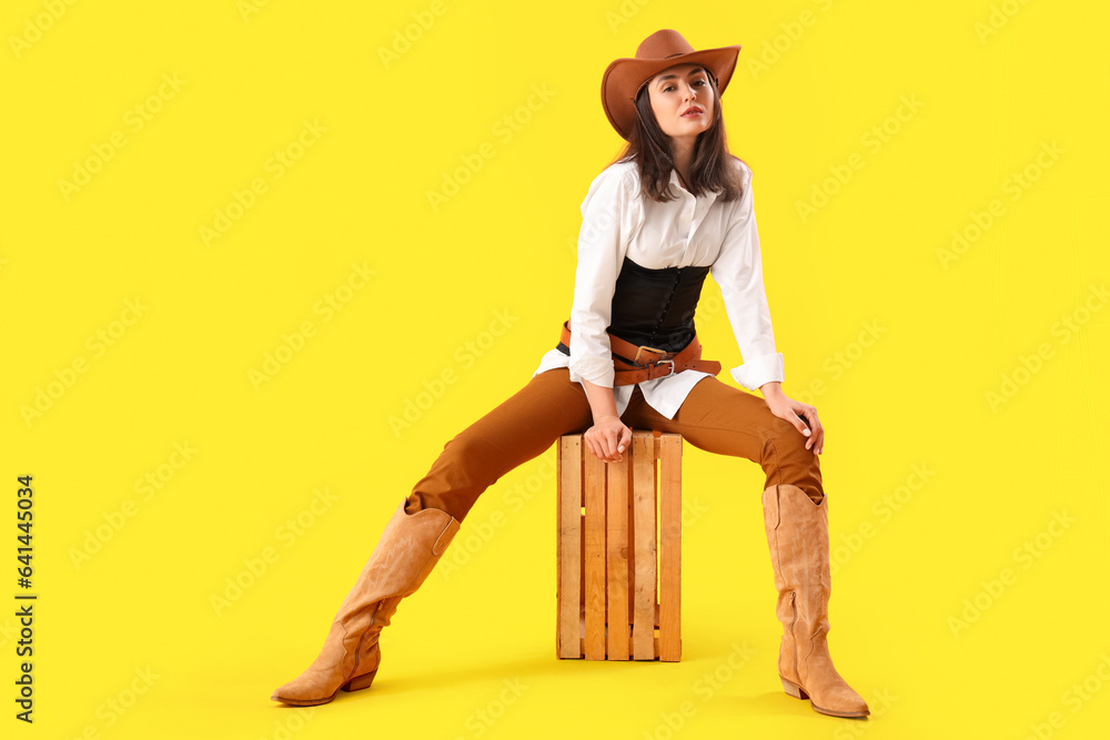 Beautiful cowgirl sitting on yellow background