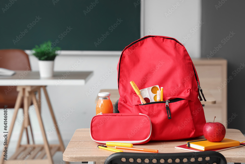 Red school backpack with stationery and lunch on desk in classroom