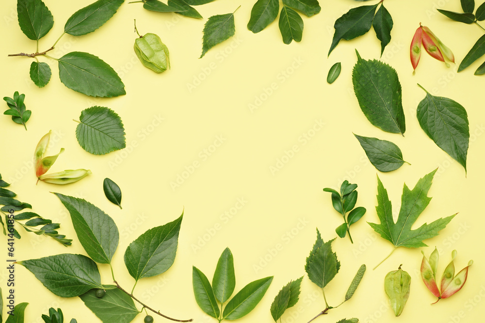 Frame made of different green leaves on yellow background