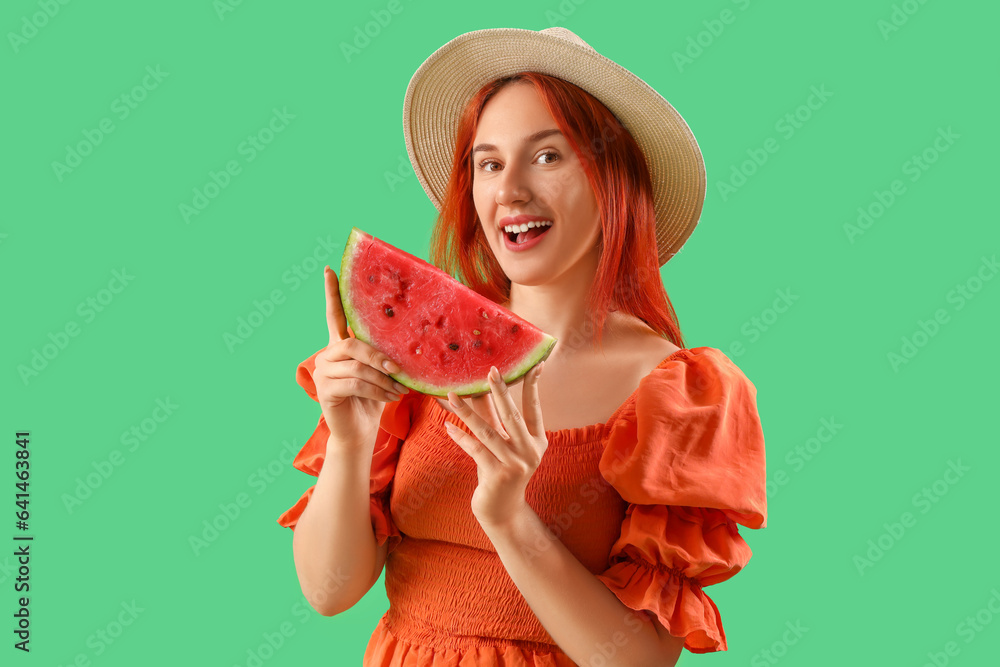 Young woman with fresh watermelon on green background