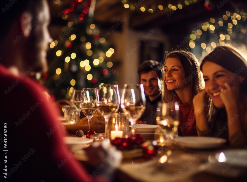 People at a table celebrating christmas with sparkly sparkling lights