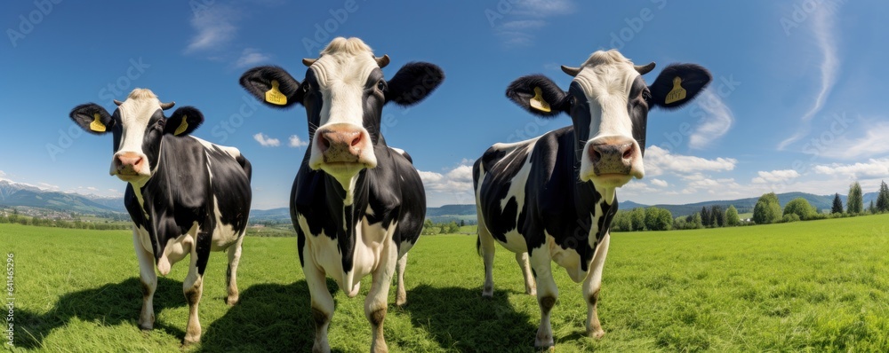 Cows in summer green meadow