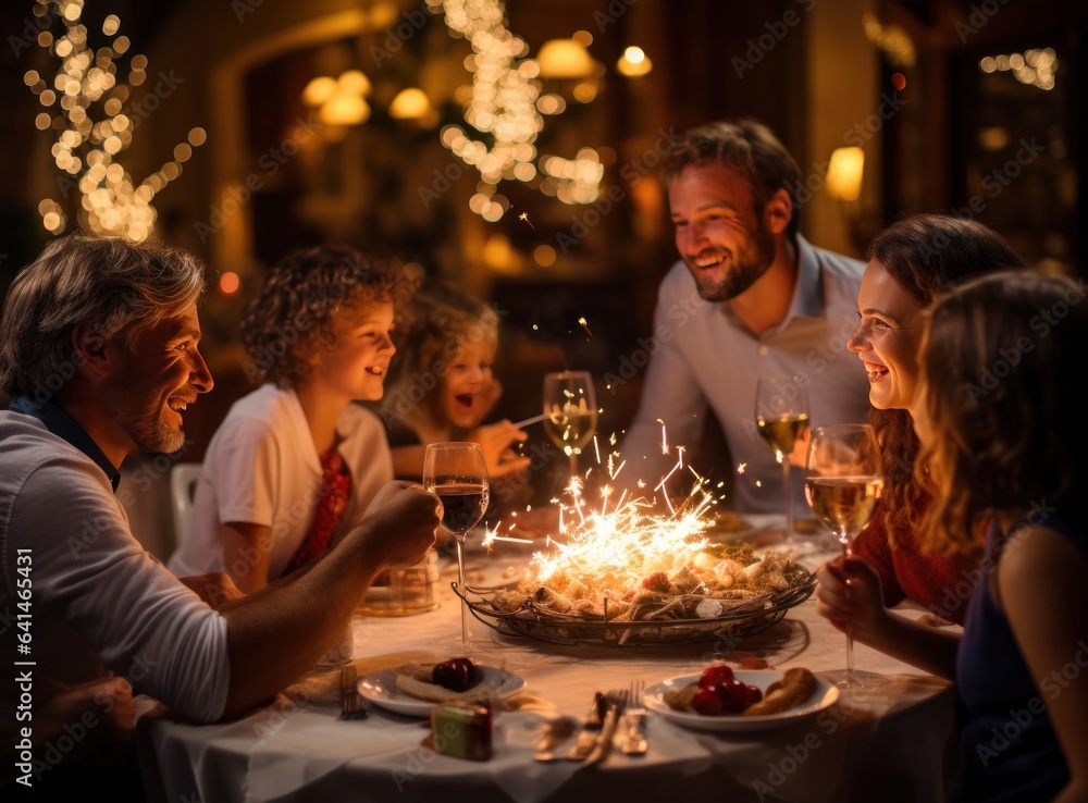 Family toasting and enjoying food with sparklers at dinner