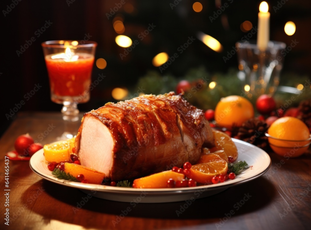 Christmas dinner with roasted ham