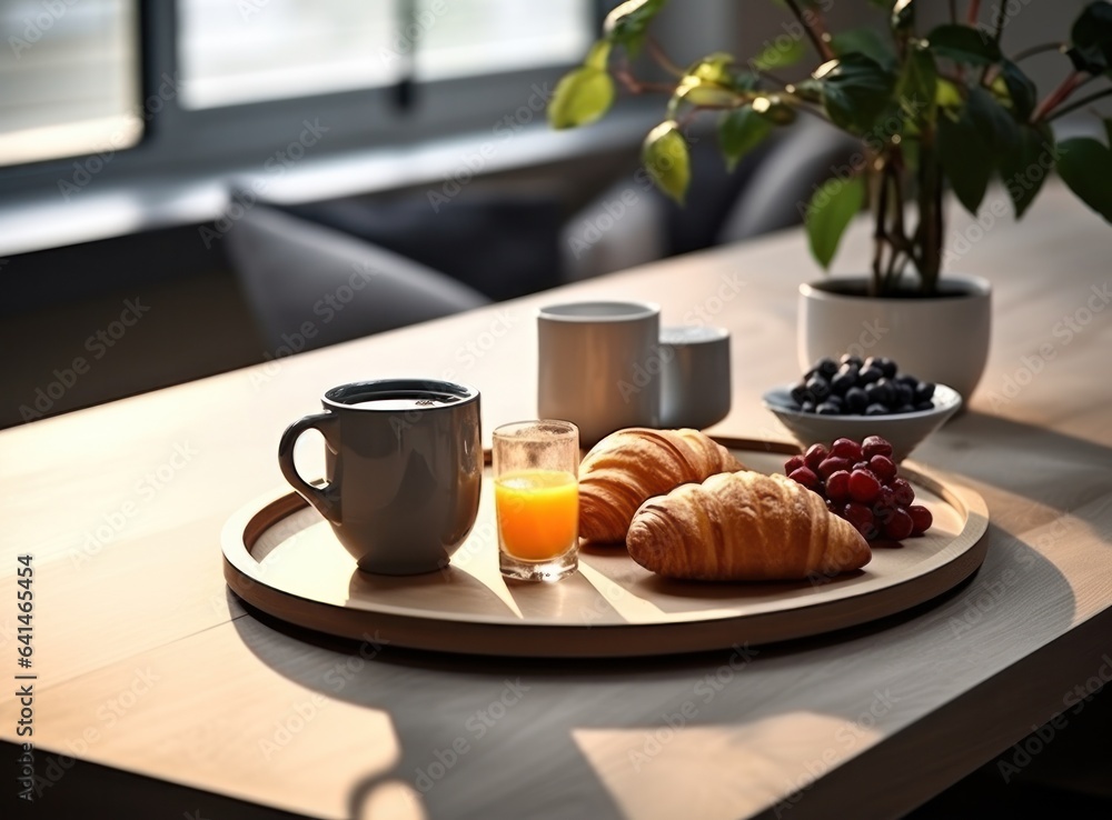 Light breakfast background with croissants