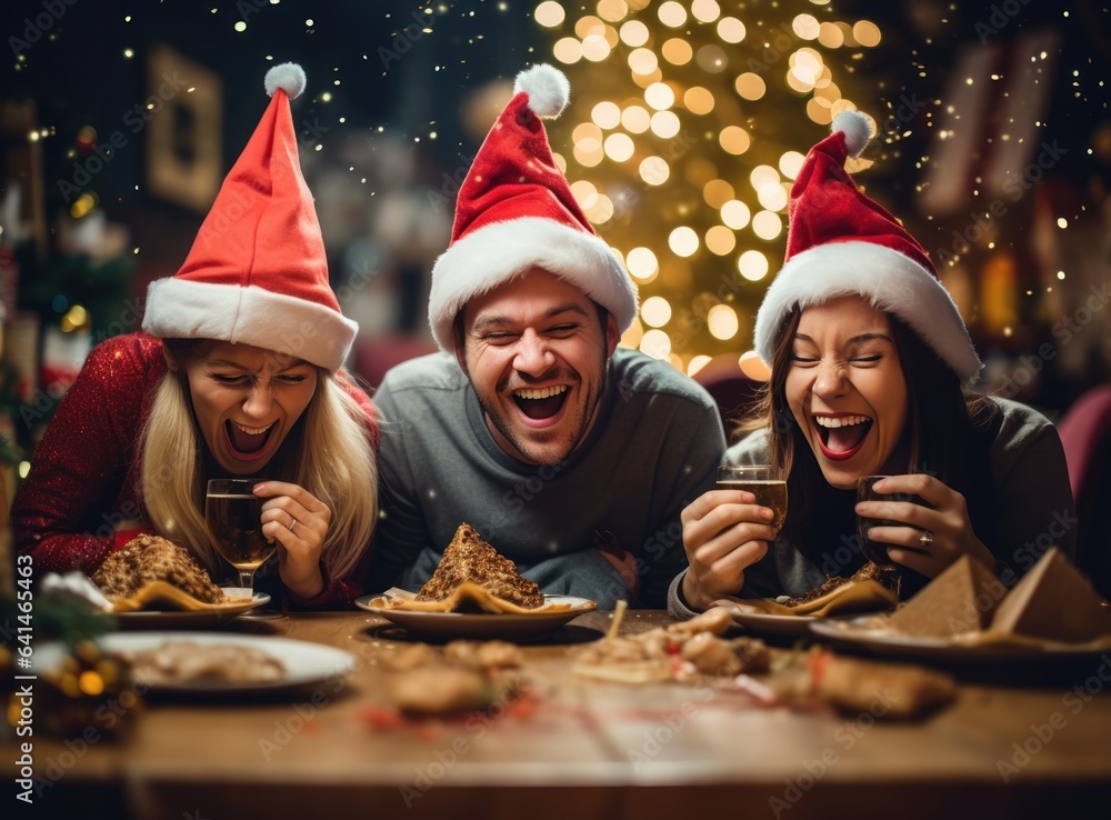 Family with christmas hats eating