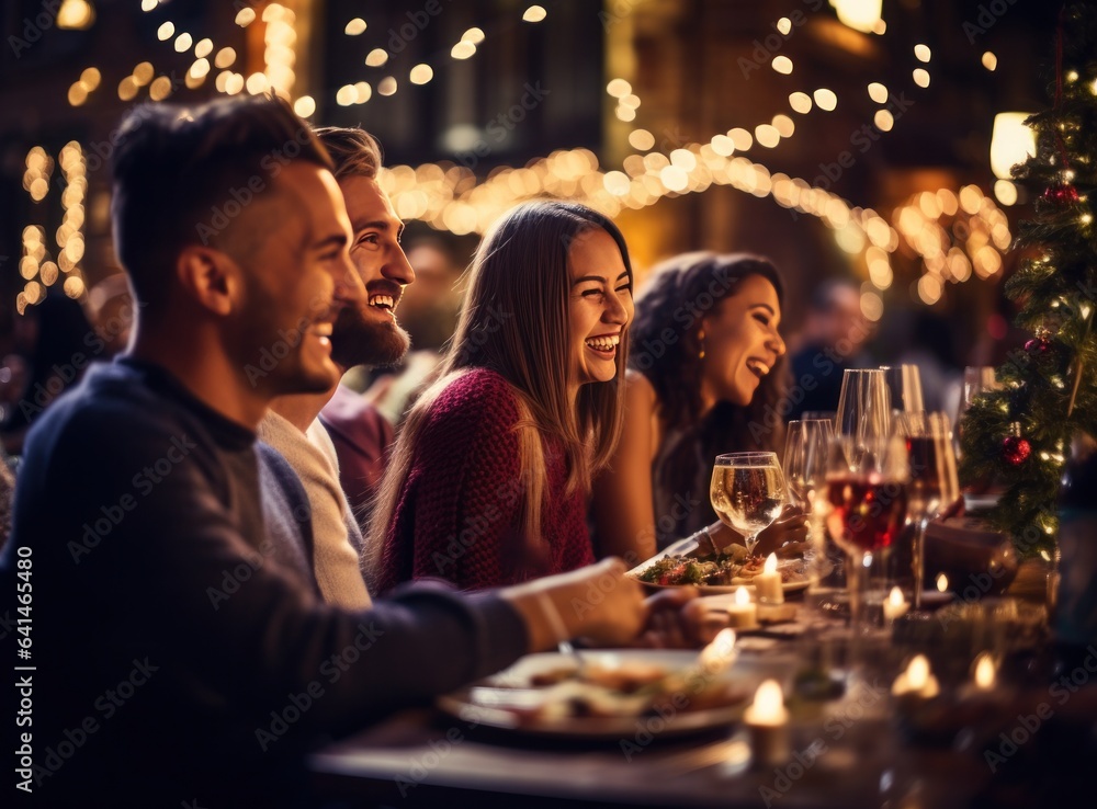 People at a table celebrating christmas with sparkly sparkling lights