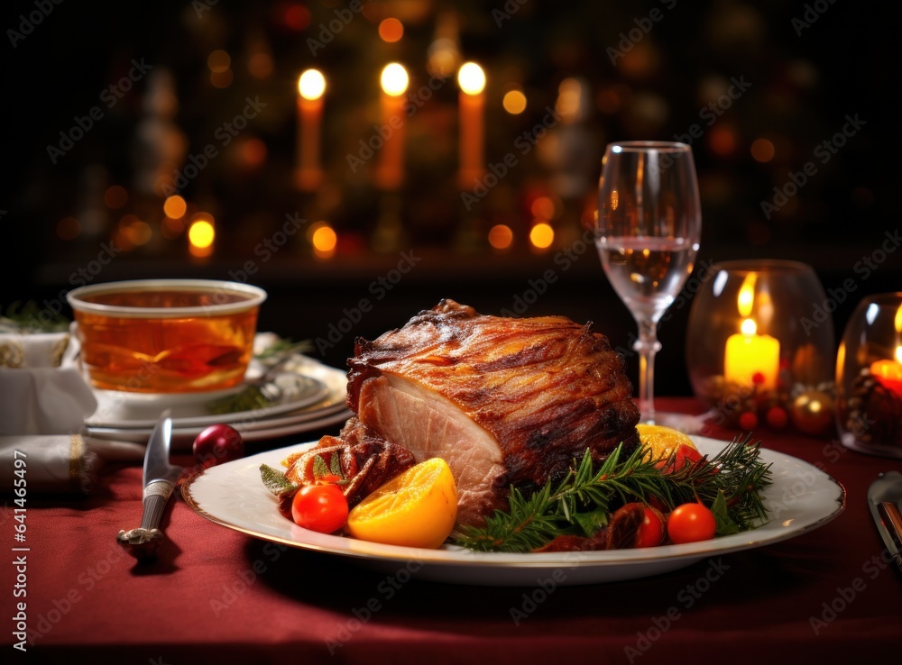 Christmas dinner with roasted ham