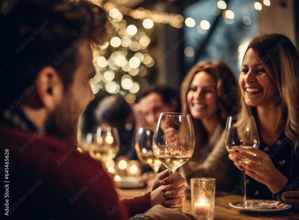 People at a table celebrating christmas with sparkly sparkling lights