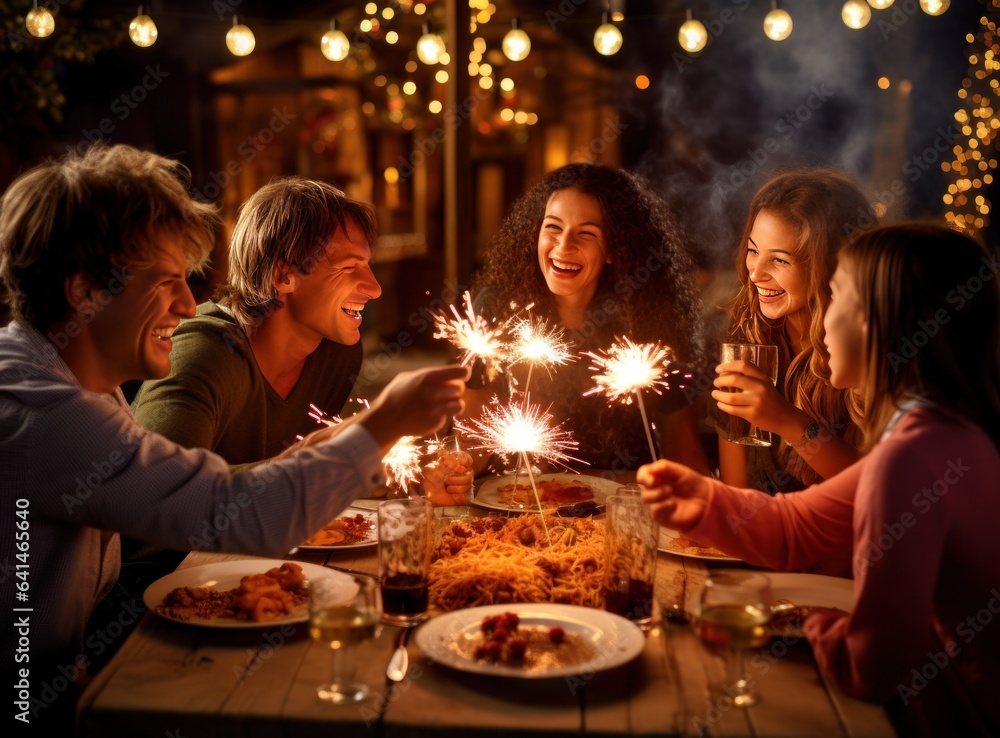 Family toasting and enjoying food with sparklers at dinner