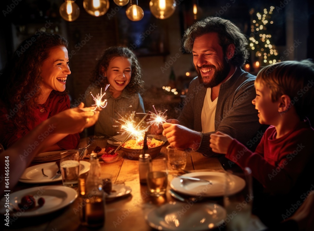 Family toasting and enjoying food with sparklers at dinner