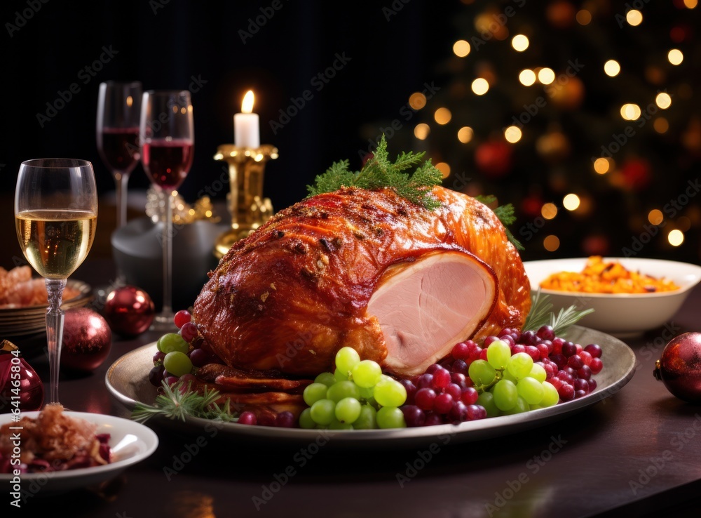 Christmas dinner with roasted ham