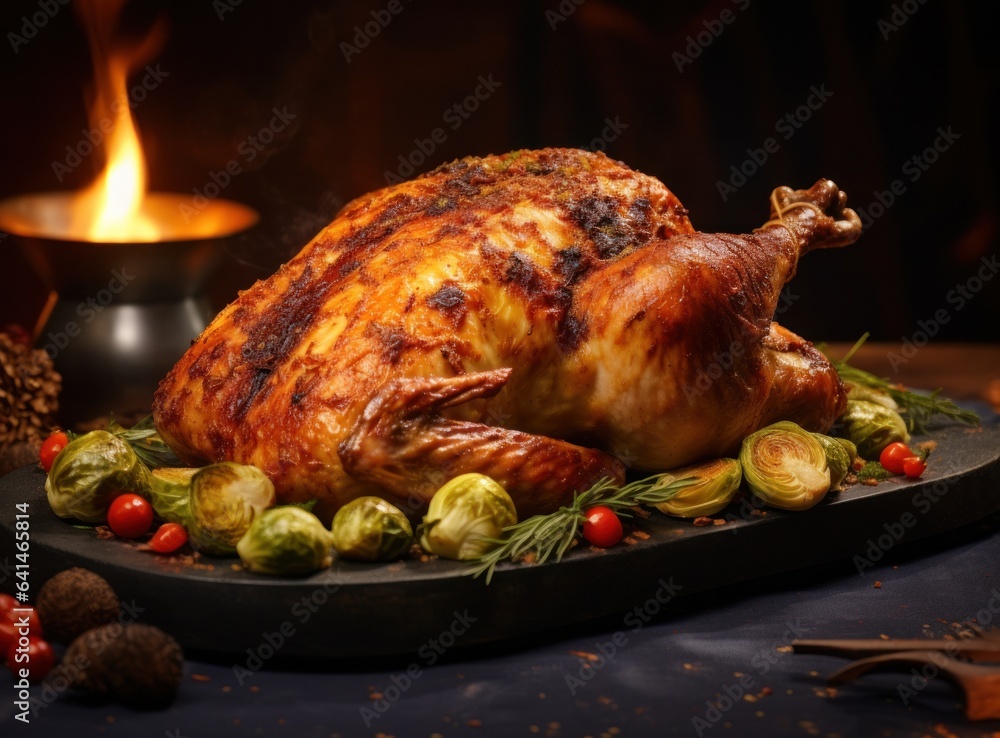 Hot roasted bird on Christmas dinner table