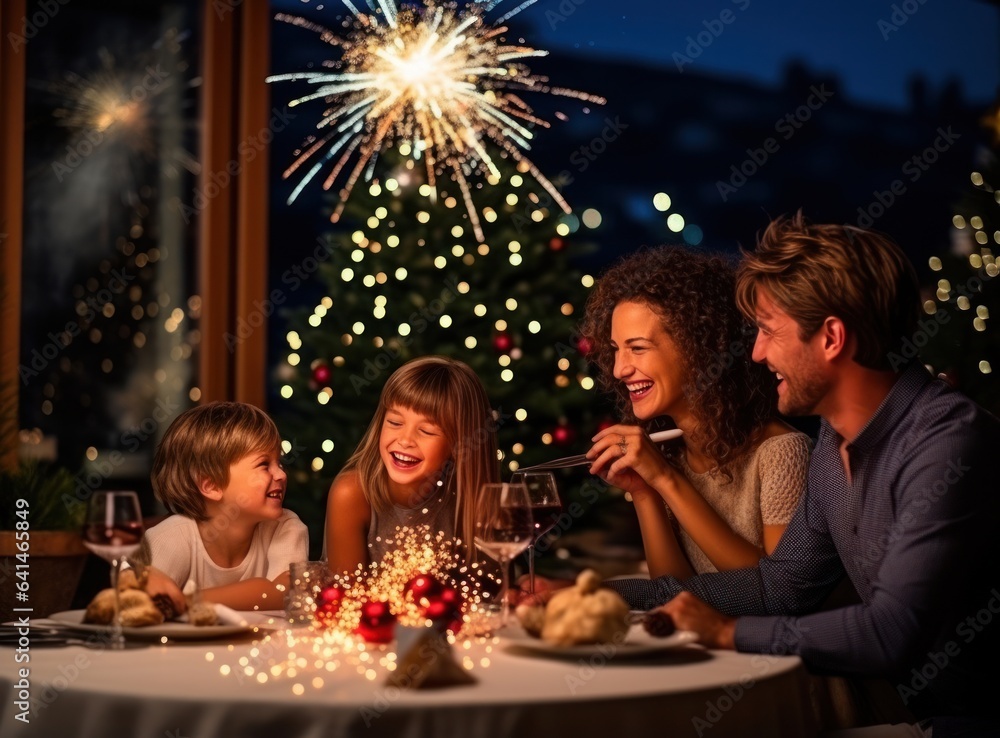 Family toasting and enjoying food with sparklers at dinner