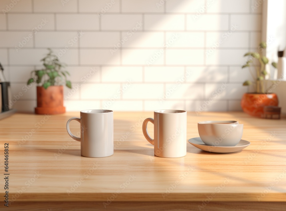 Wooden kitchen table with coffee cups