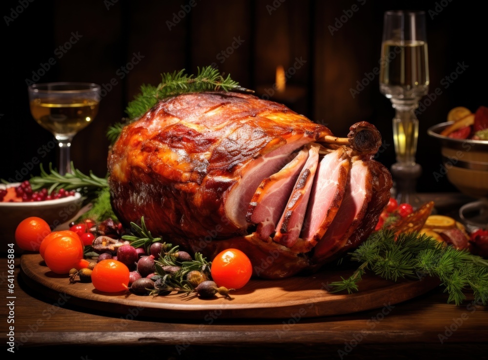 Christmas dinner with roasted ham