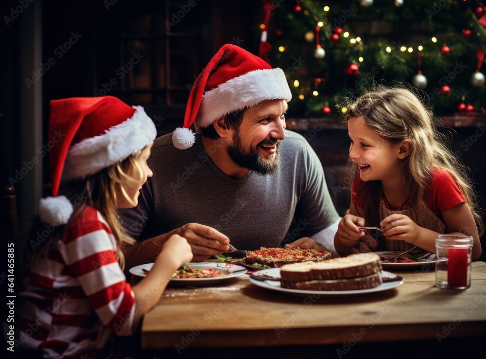 Family with christmas hats eating