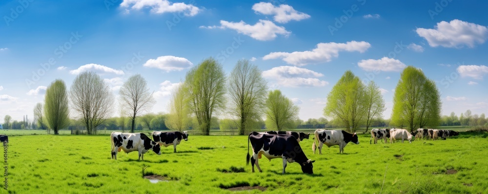 Cows in summer green meadow