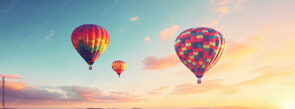 hot air balloons up in the blue sky, in the style of romantic atmosphere, matte photo, colorful moeb