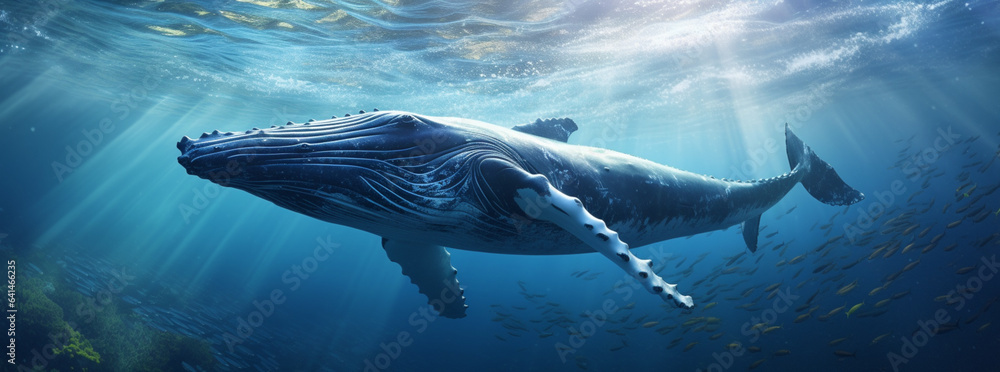 a humpback whale in the blue ocean, in the style of monochrome landscapes