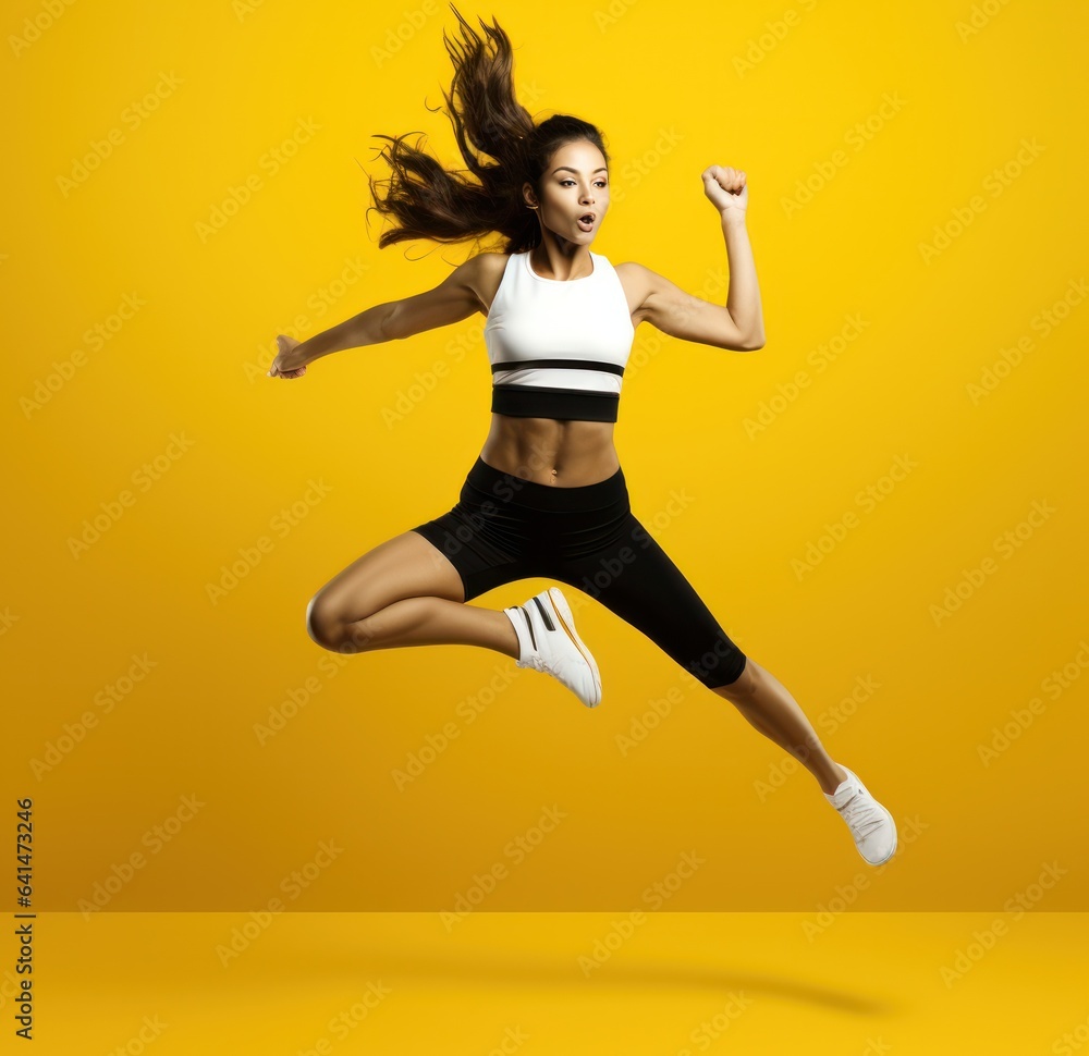 A teenage girl jumping in sports clothing on yellow background