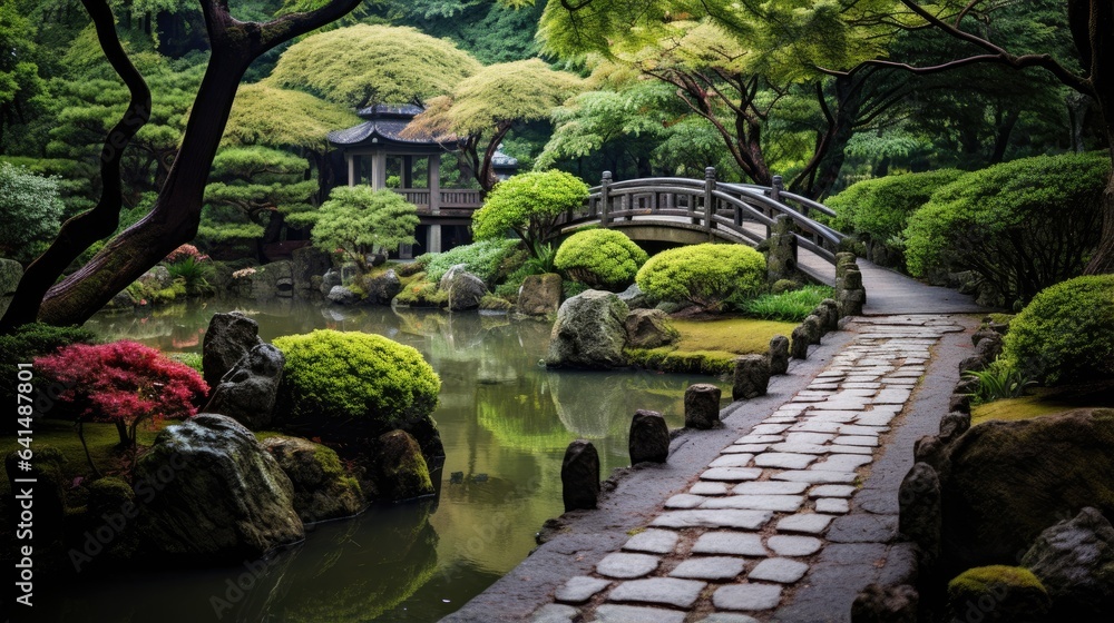 a stone path leading to a bridge over water