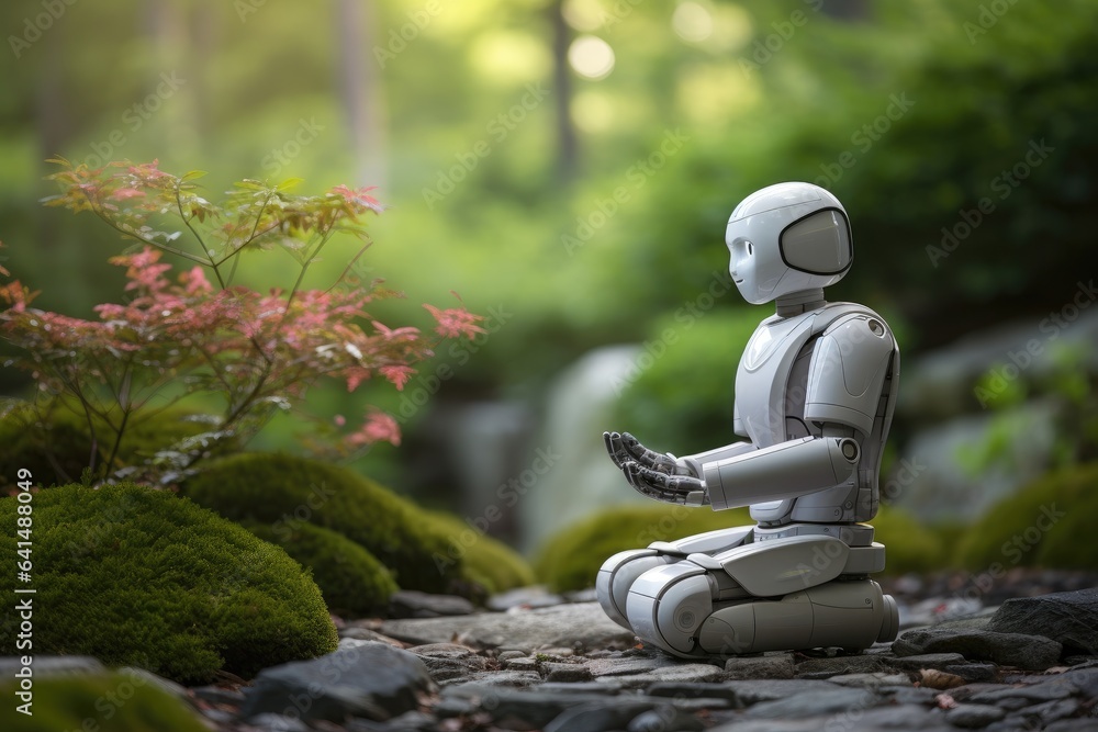 a robot sitting on rocks in a forest