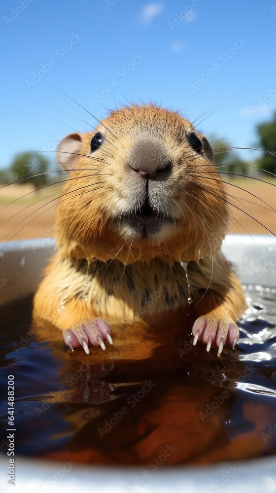 a close up of a rodent in a metal bowl of water