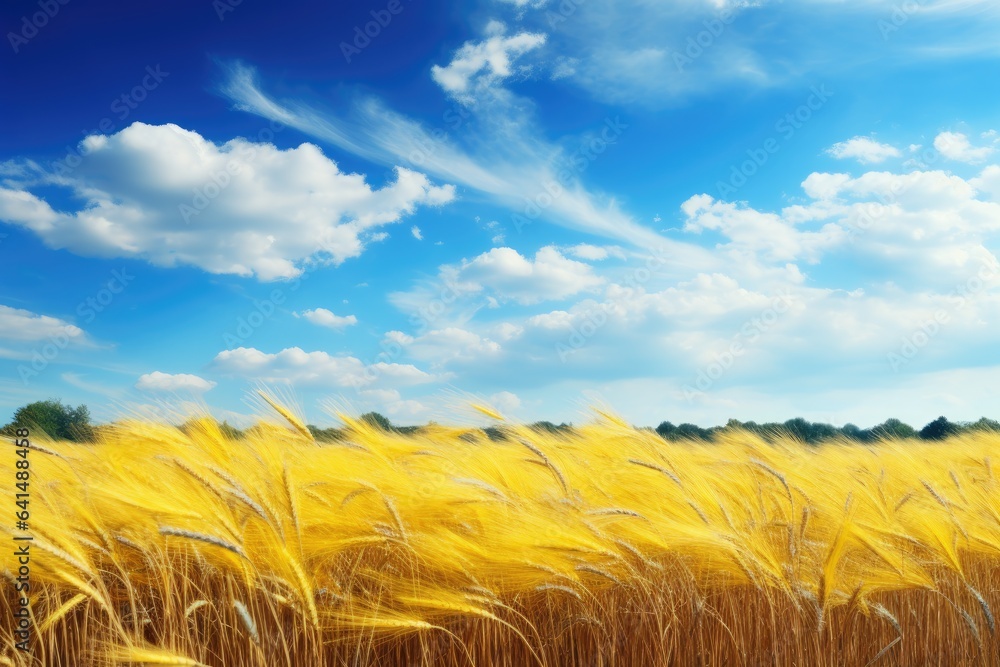 a field of wheat under a blue sky