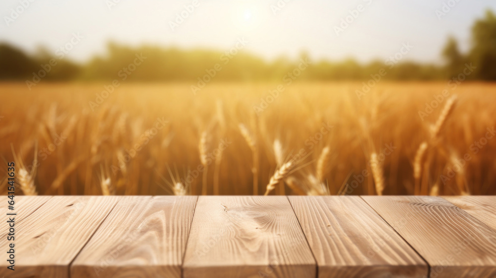 Empty wooden table top with blurred wheat background