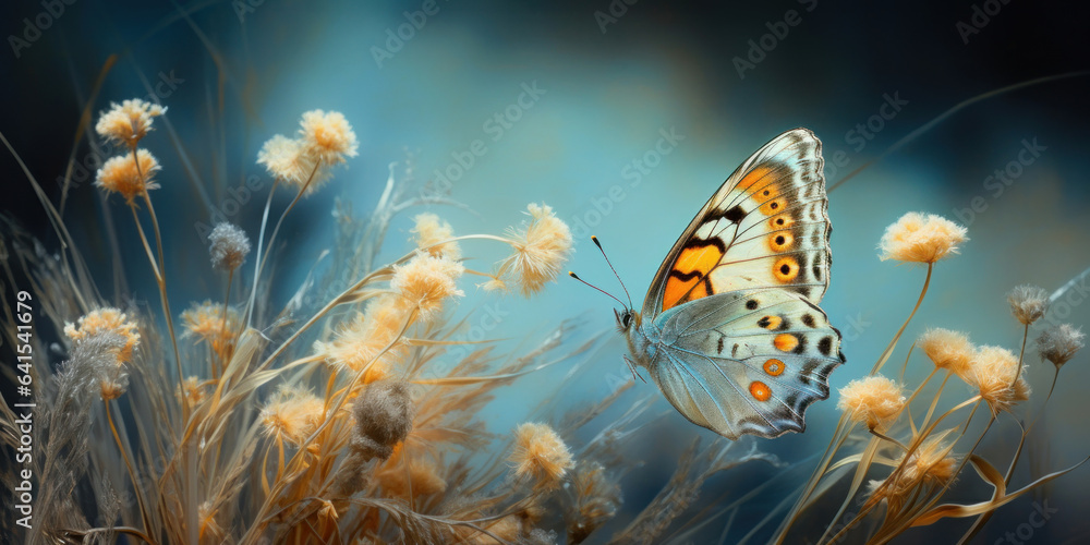 Butterfly on grass with brown wild flowers