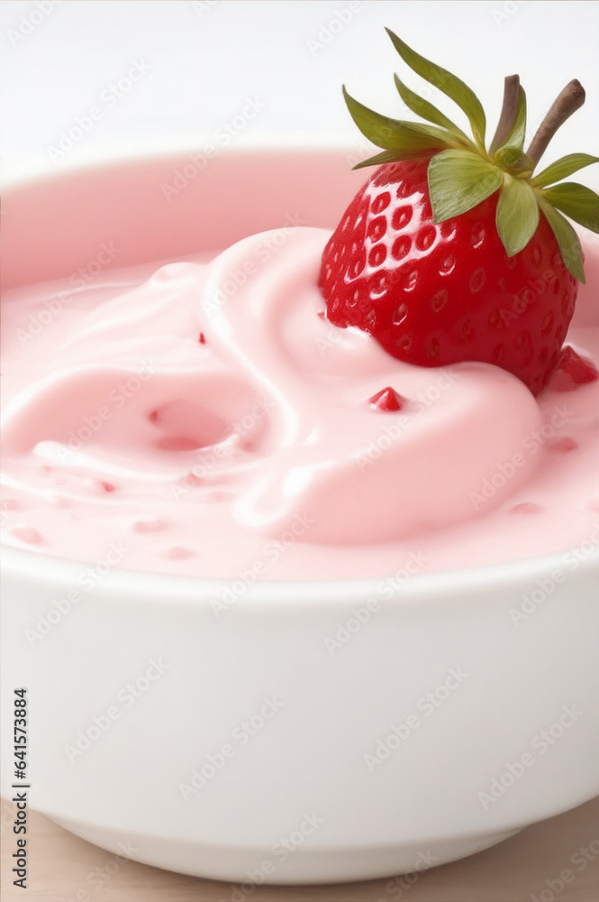 A bowl of strawberry yogurt. Generative AI.