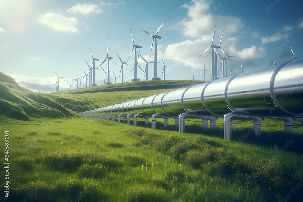 A hydrogen pipeline with wind turbines and in the background. Green hydrogen production concept