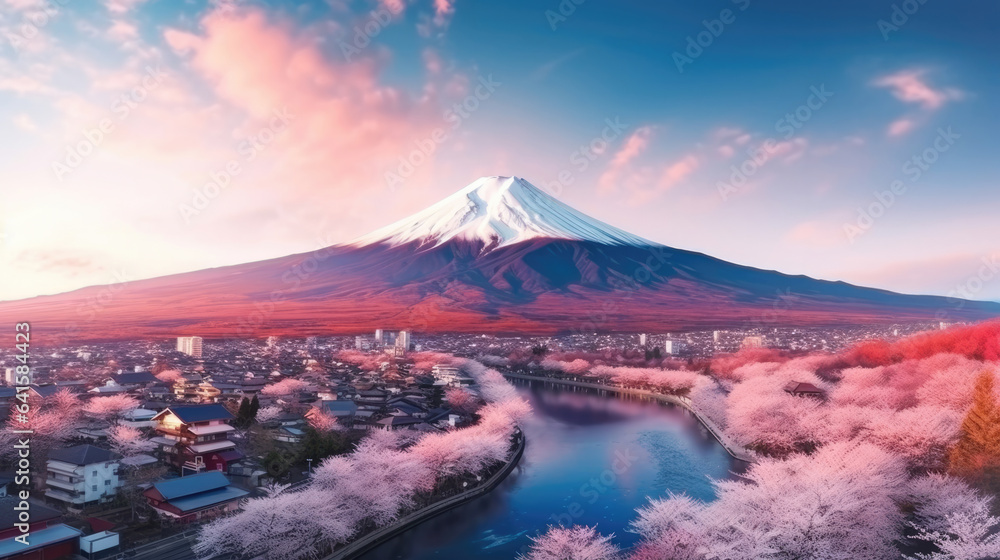 Aerial Panorama Landscape of Fuji Mountain. Iconic and Symbolic Mountain of Japan. Scenic Sunset Lan