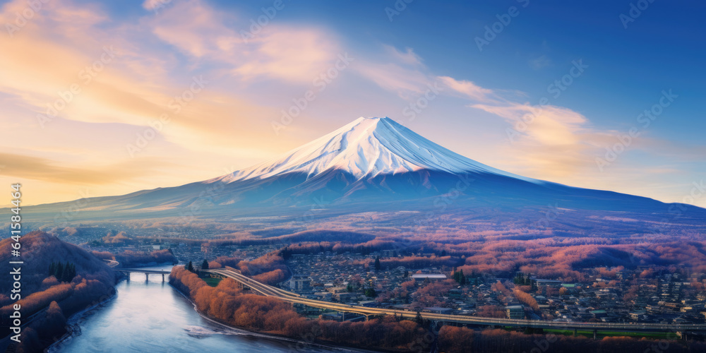 Aerial Panorama Landscape of Fuji Mountain. Iconic and Symbolic Mountain of Japan. Scenic Sunset Lan