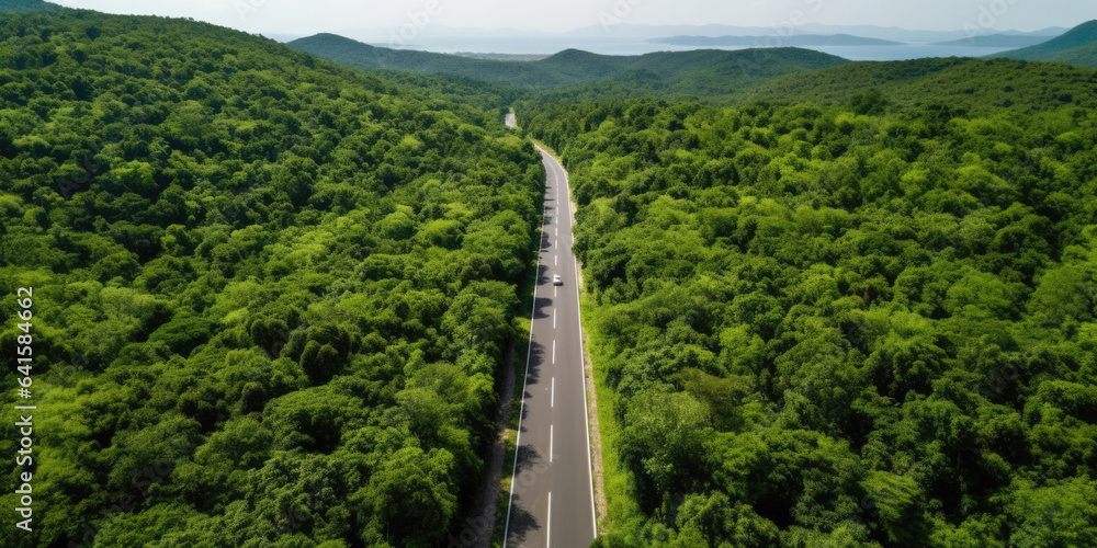 Aerial view road in the middle forest, Top view road going through green forest adventure, Ecosystem