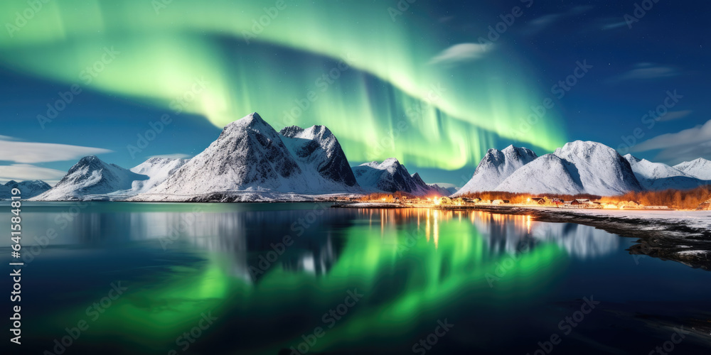 Aurora borealis over the sea, snowy mountains and city lights at night. Northern lights in Lofoten i